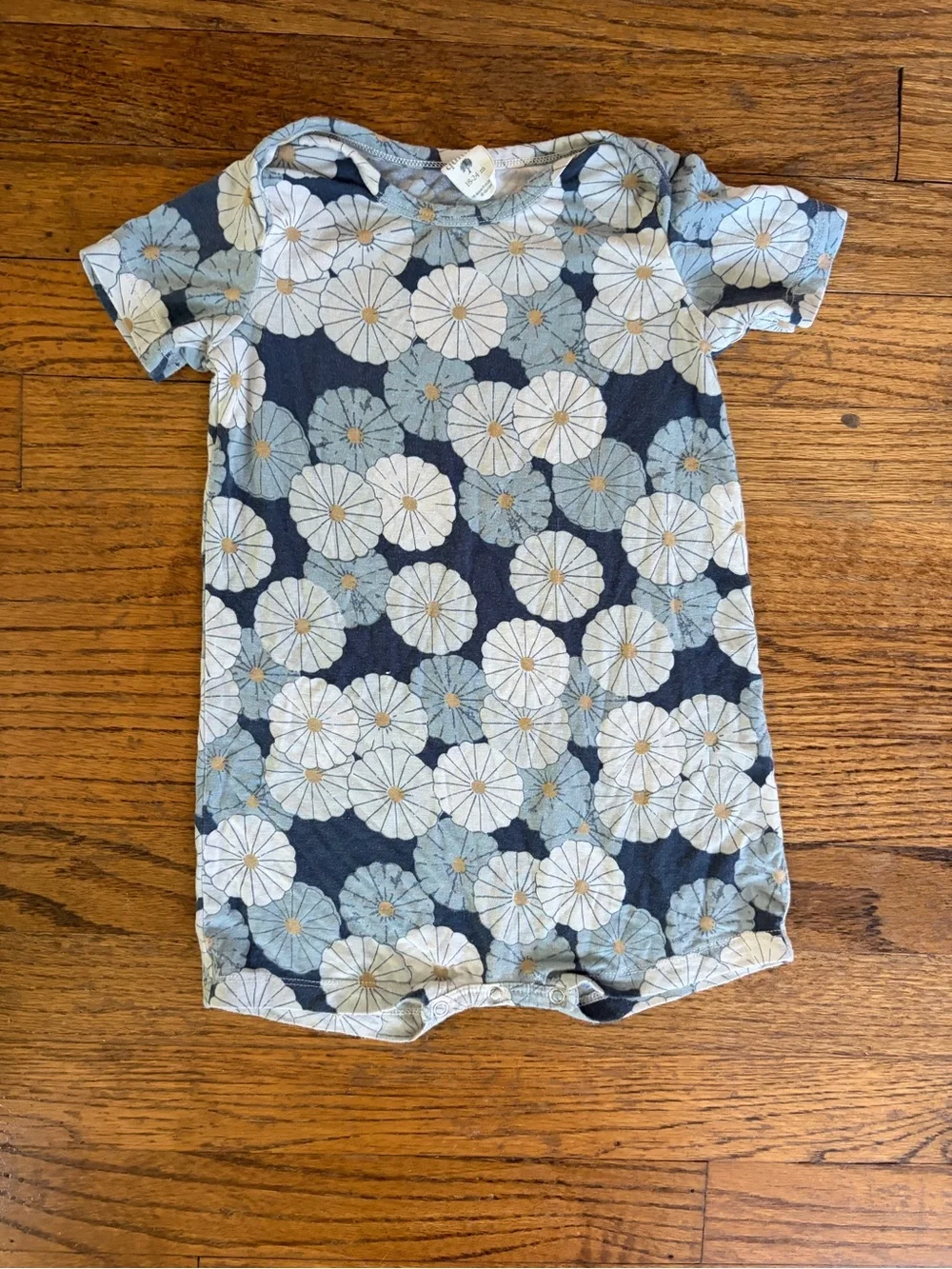 Kate Quinn 18-24 Months Bamboo Mid Century Daisy Floral Blue Snap Shortie Romper